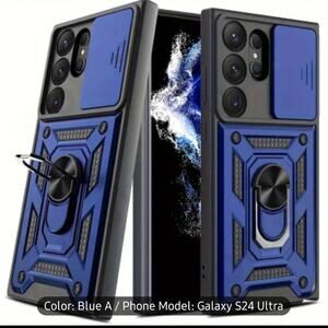 New Blue Retro Samsung S24 Ultra Phone Case Push-Pull Camera Cover Metal Stand